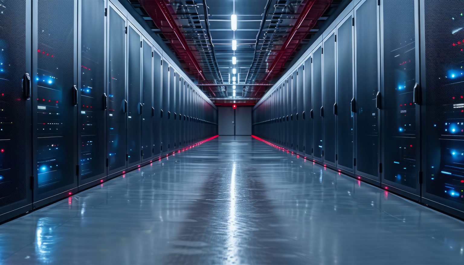 Modern data center showcasing rows of servers for internet connectivity.