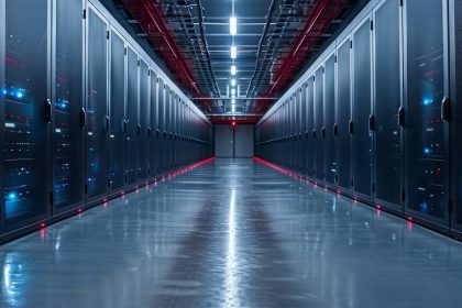 Modern data center showcasing rows of servers for internet connectivity.