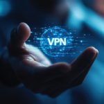 Man holding a glowing VPN icon in his hand.