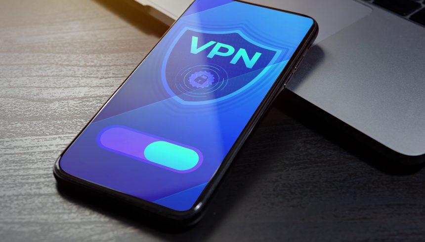 A smartphone screen showing a VPN shield icon with a connection toggle.