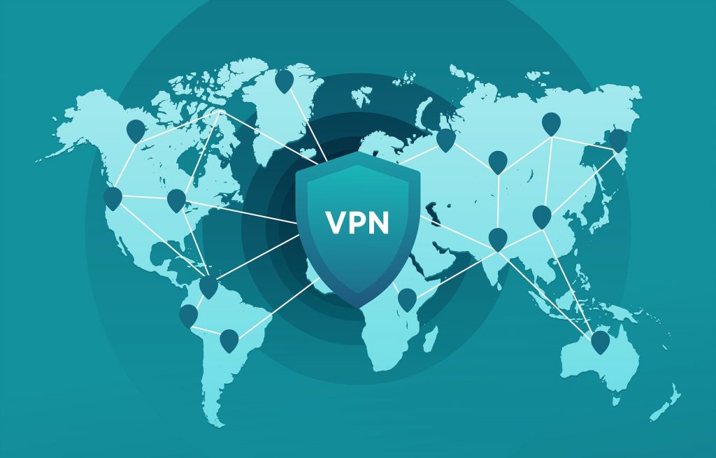 Global map with a shield icon labeled VPN, illustrating secure and private internet connections worldwide.