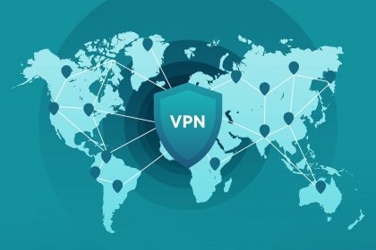 Global map with a shield icon labeled VPN, illustrating secure and private internet connections worldwide.