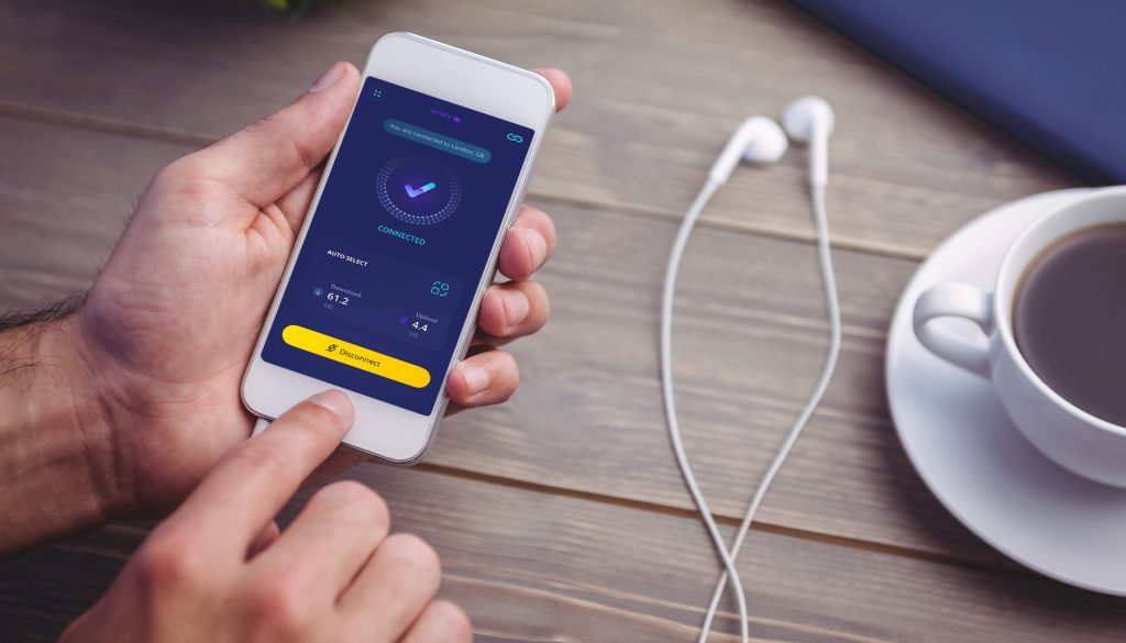 Smartphone displaying VPNIFY app connected to a London server