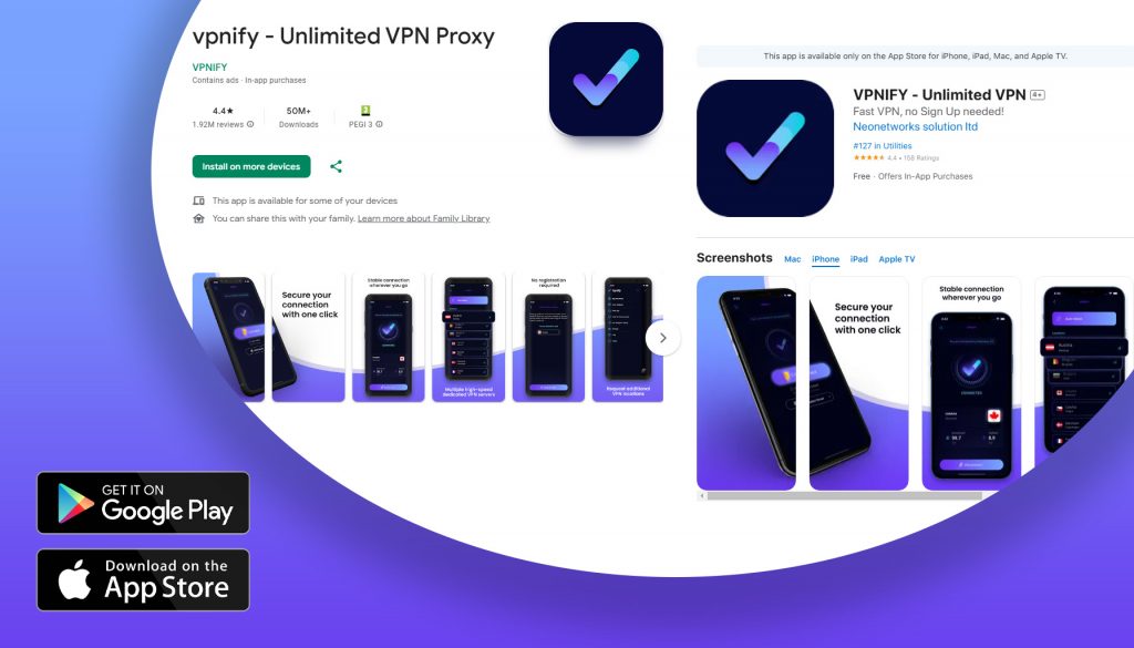 VPNIFY app page displayed on the Google Play Store and App Store.