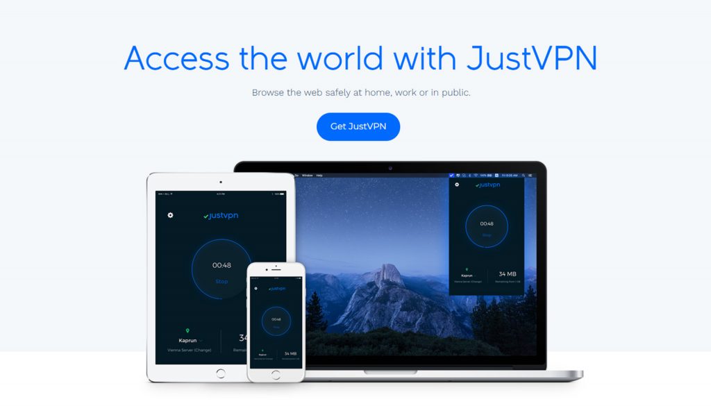 JustVPN displayed across multiple devices, highlighting cross-platform compatibility.