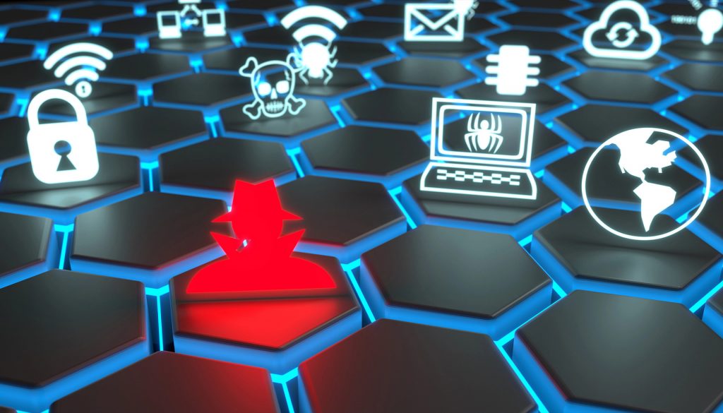 Digital hexagons with cybersecurity icons, including a highlighted red spy figure, illustrating cyber threats.