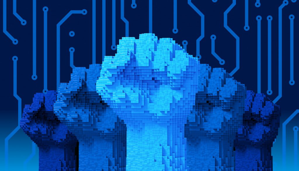 Pixelated fists rising against a digital circuit board backdrop, symbolizing resistance and freedom in the digital era.