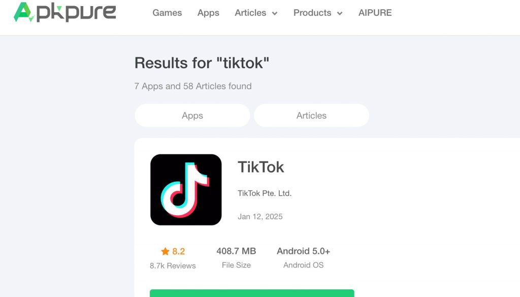 TikTok APK download page displayed on APKPure, showing app details and reviews.